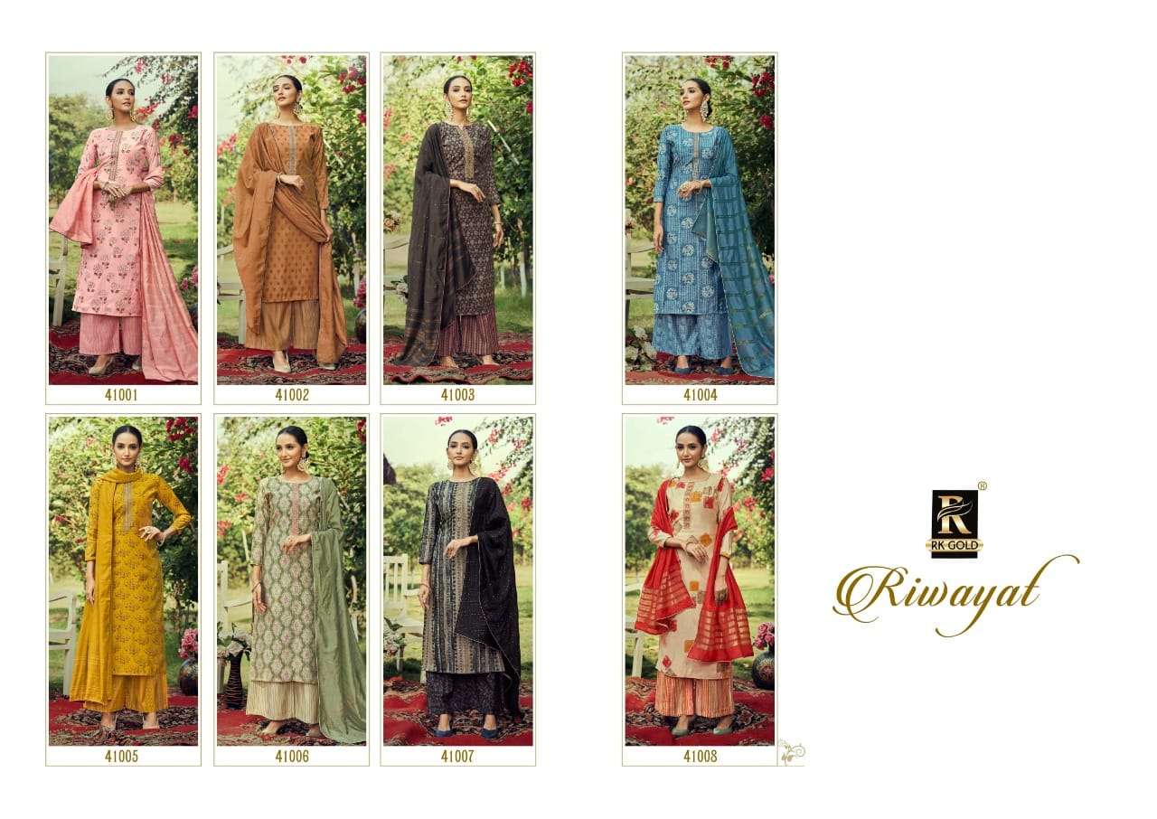 Rk Gold Rawayat Catalog Viscose Chanderi Exclusive Wear Women Dress Materials