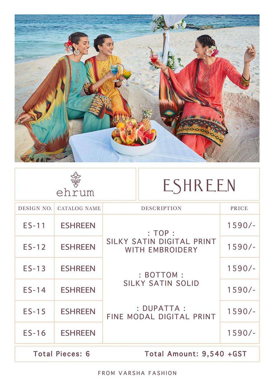 Varsha  Ehrum Eshreen Catalog Wholesale Silk Satin  Embroidery Dress Materials