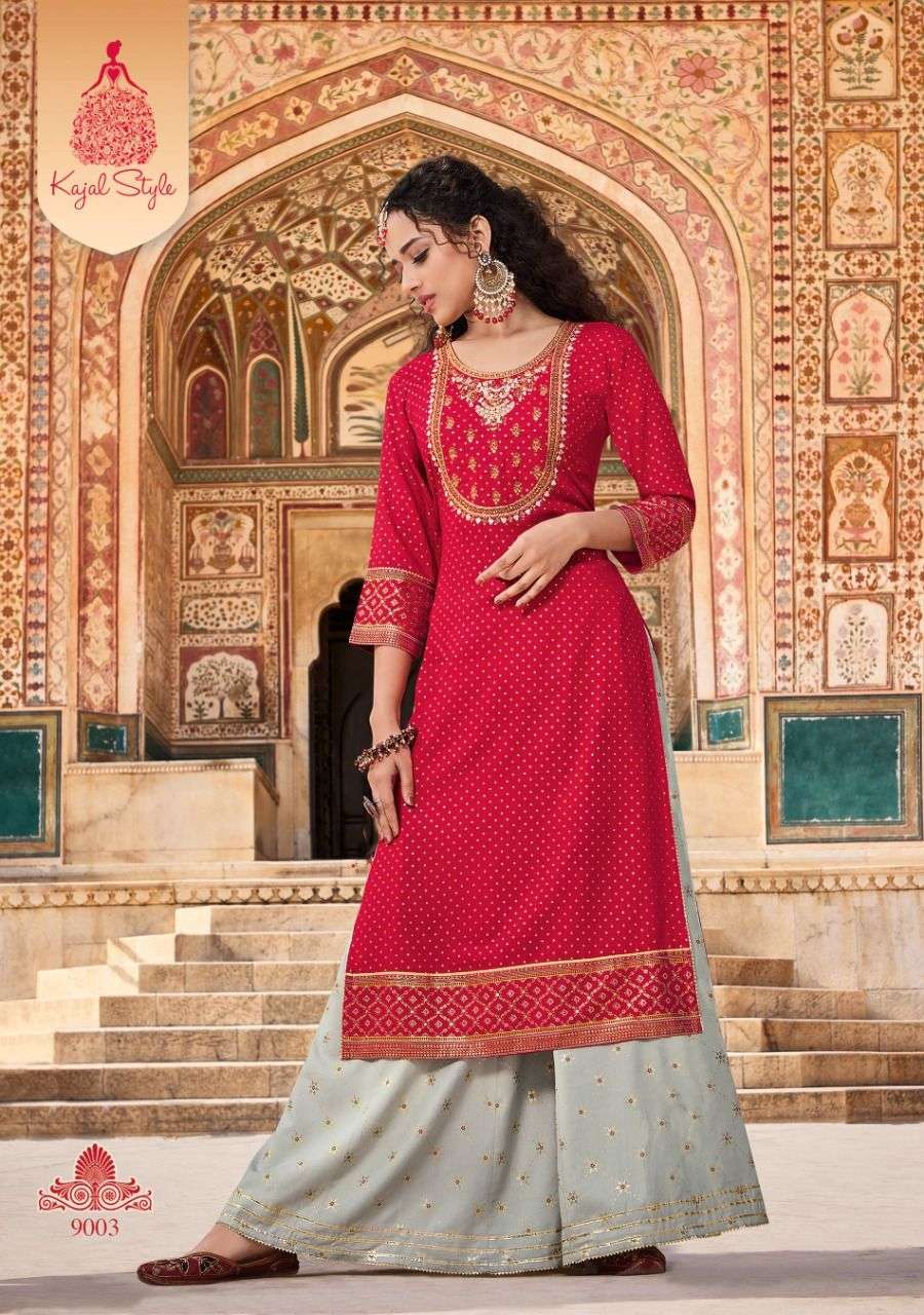 Kajal Style Fashion Label vol 9 catalog Buy wholesale Rayon Embroidery Designer Kurtis with bottom in India