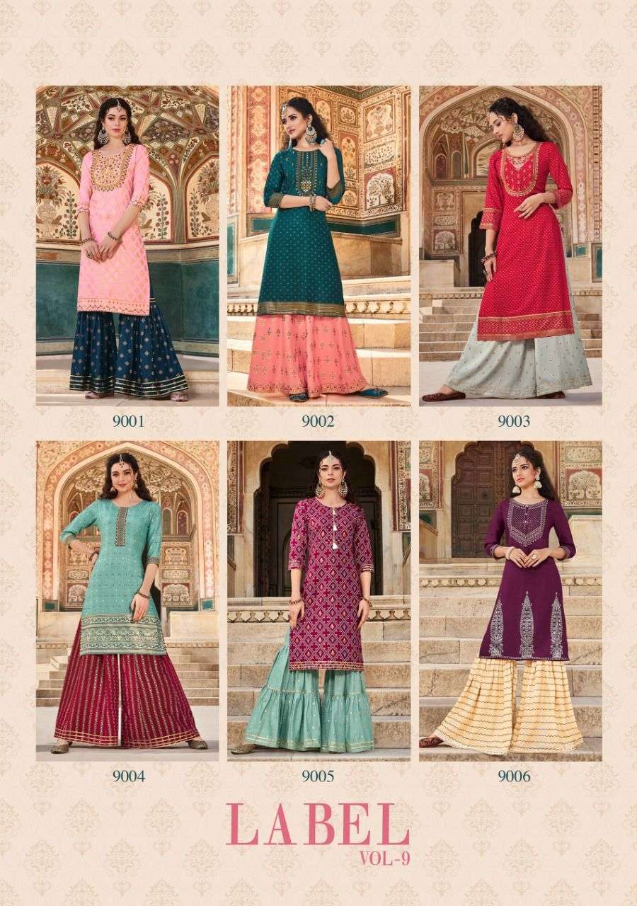 Kajal Style Fashion Label vol 9 catalog Buy wholesale Rayon Embroidery Designer Kurtis with bottom in India