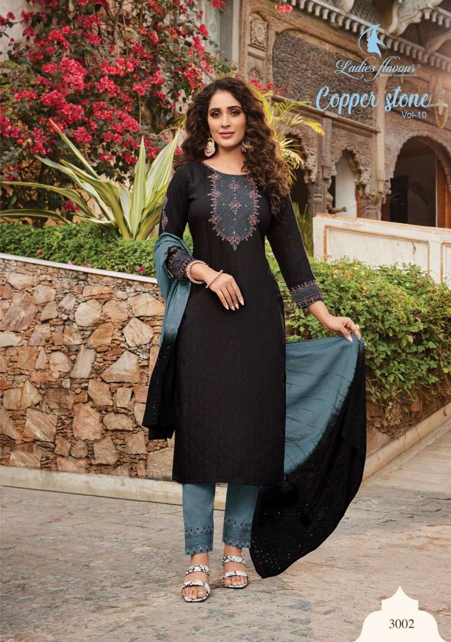 Ladies Flavour Copper Stone vol 10 catalog  Designer Embroidery Readymade Top Bottom with  Dupatta