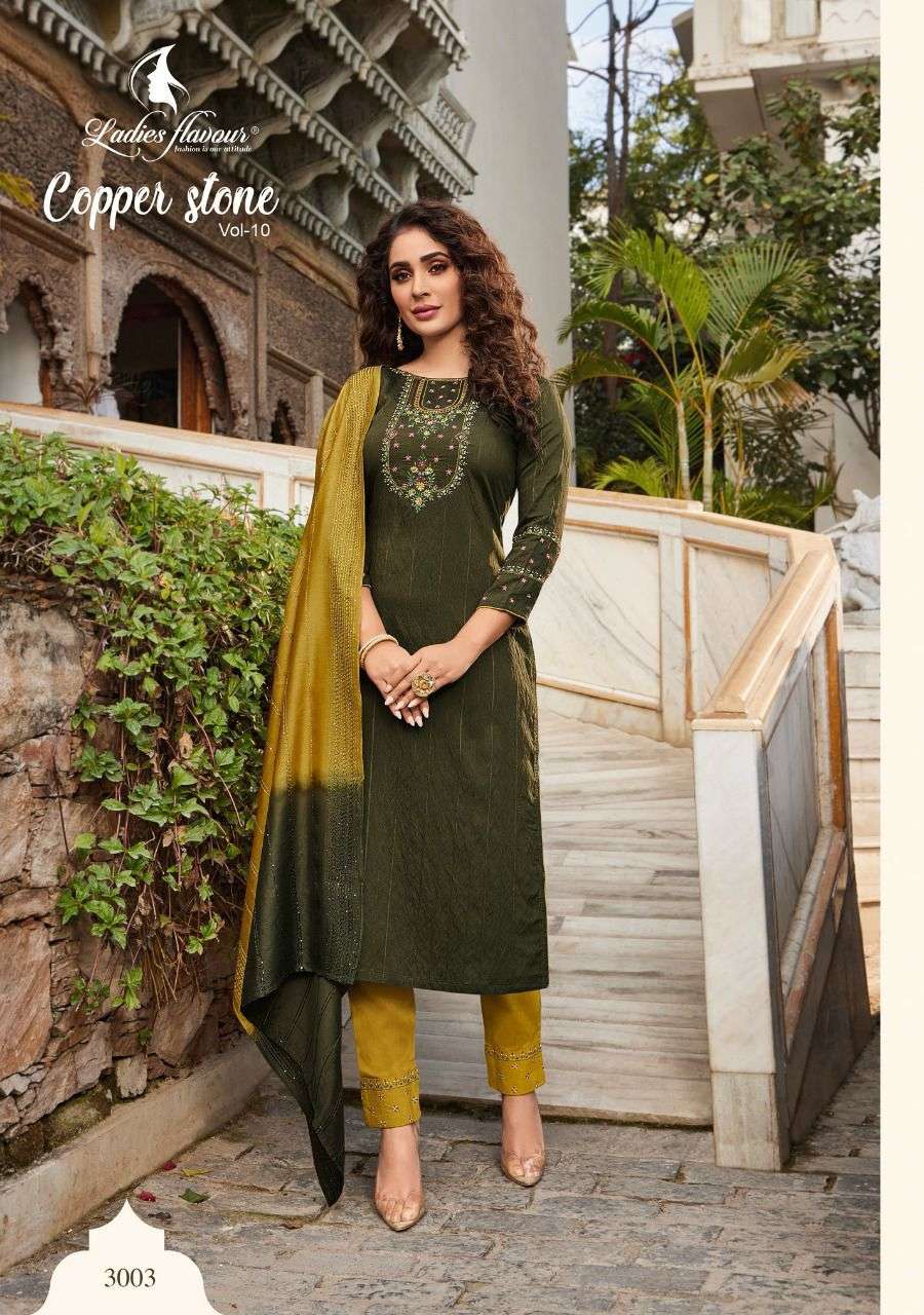 Ladies Flavour Copper Stone vol 10 catalog  Designer Embroidery Readymade Top Bottom with  Dupatta
