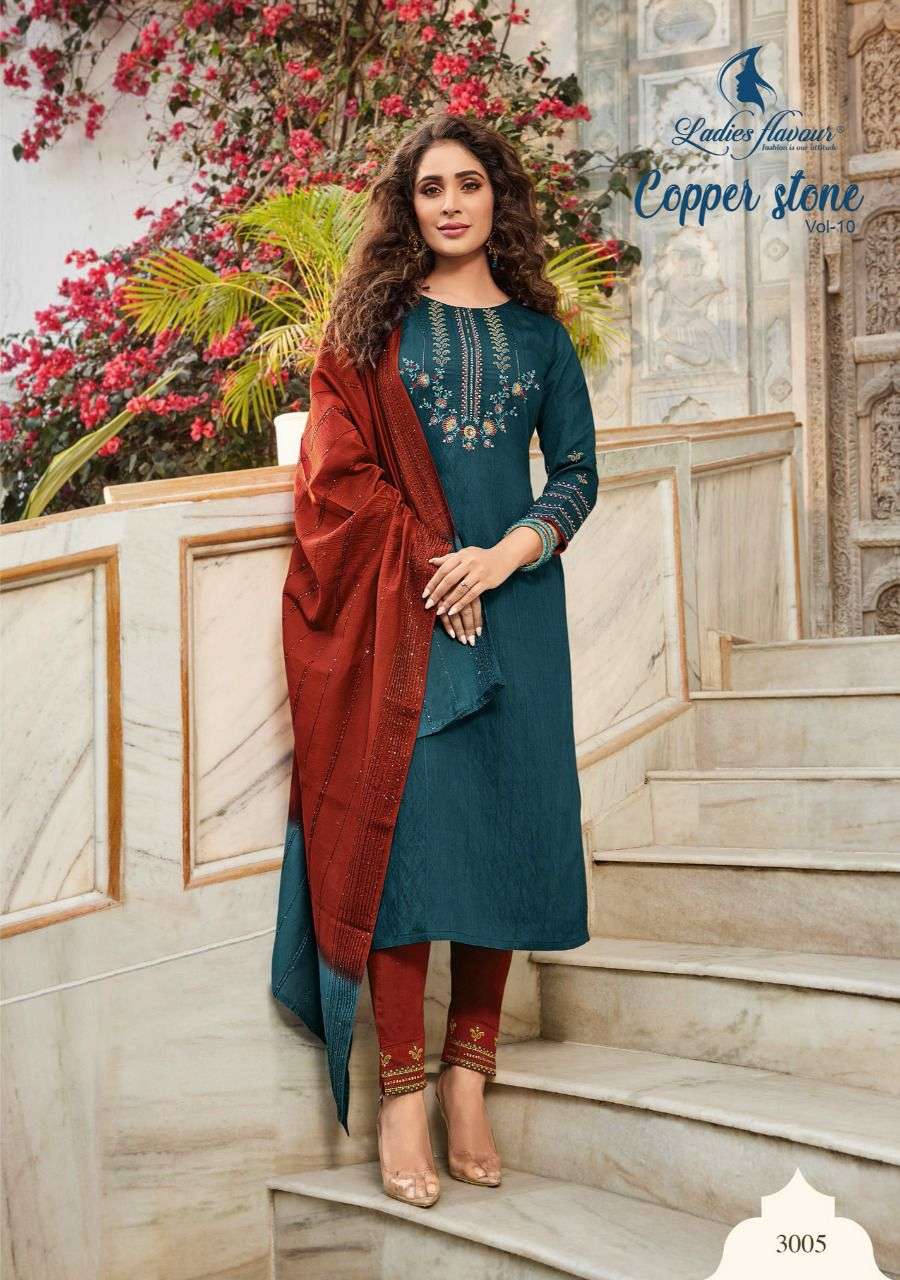 Ladies Flavour Copper Stone vol 10 catalog  Designer Embroidery Readymade Top Bottom with  Dupatta