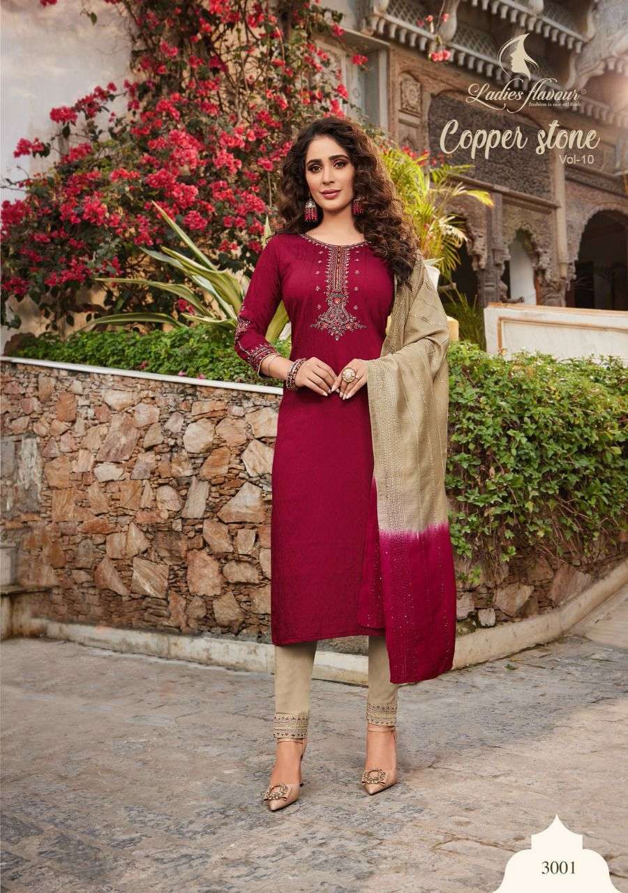 Ladies Flavour Copper Stone vol 10 catalog  Designer Embroidery Readymade Top Bottom with  Dupatta