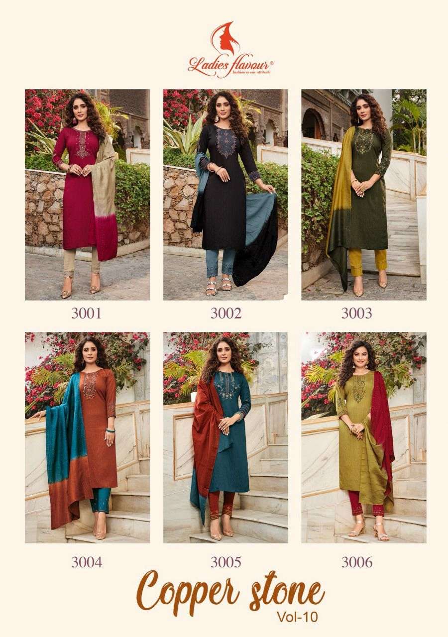 Ladies Flavour Copper Stone vol 10 catalog  Designer Embroidery Readymade Top Bottom with  Dupatta