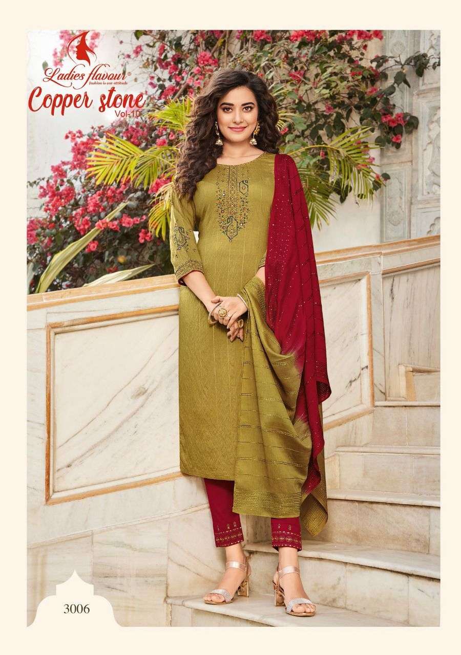 Ladies Flavour Copper Stone vol 10 catalog  Designer Embroidery Readymade Top Bottom with  Dupatta