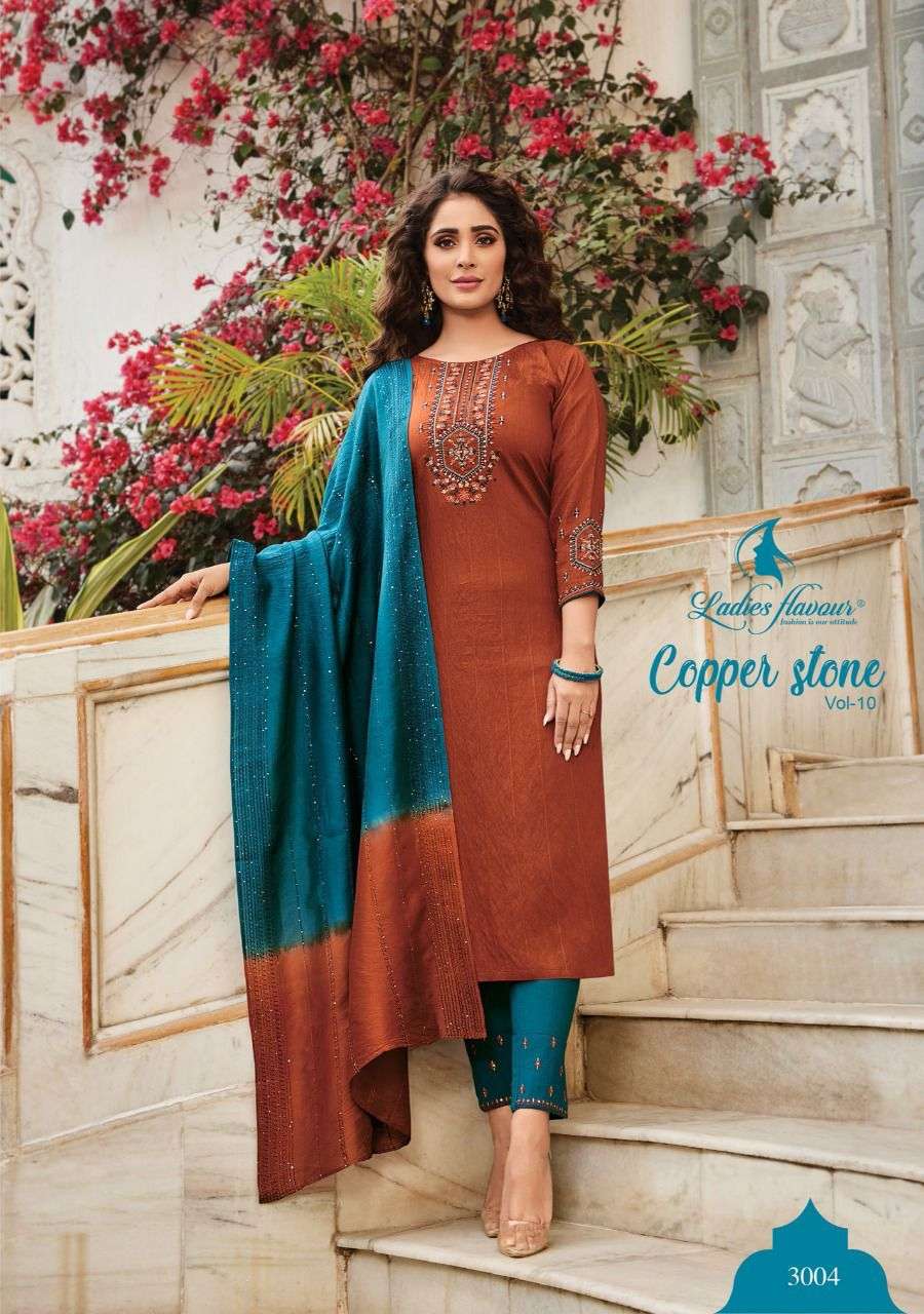 Ladies Flavour Copper Stone vol 10 catalog  Designer Embroidery Readymade Top Bottom with  Dupatta