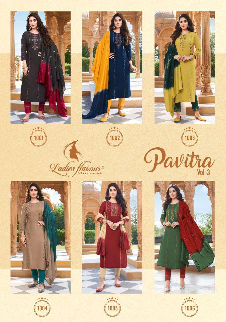 Ladies Flavour Pavitra vol 3 Designer Rayon Ready made Kurtis Bottom and Dupatta