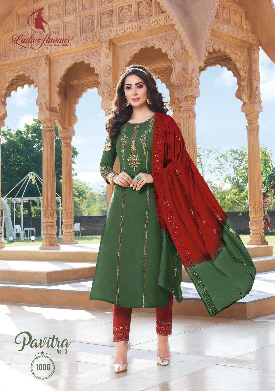 Ladies Flavour Pavitra vol 3 Designer Rayon Readymade Kurti Bottom and Dupatta