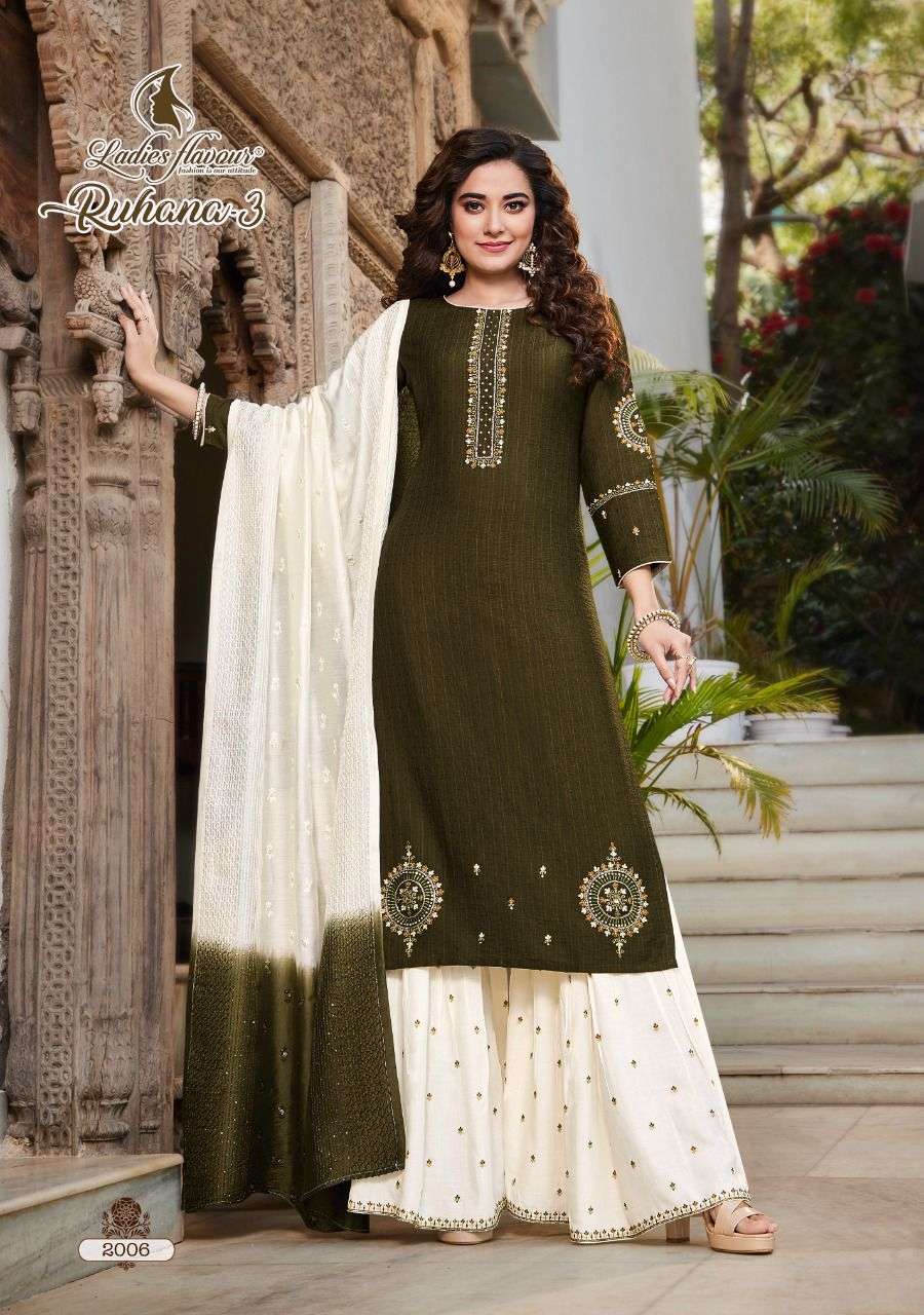 Ladies Flavour Ruhana Vol 3 Catalog Designer Wear Readymade Top Sharara With Dupatta