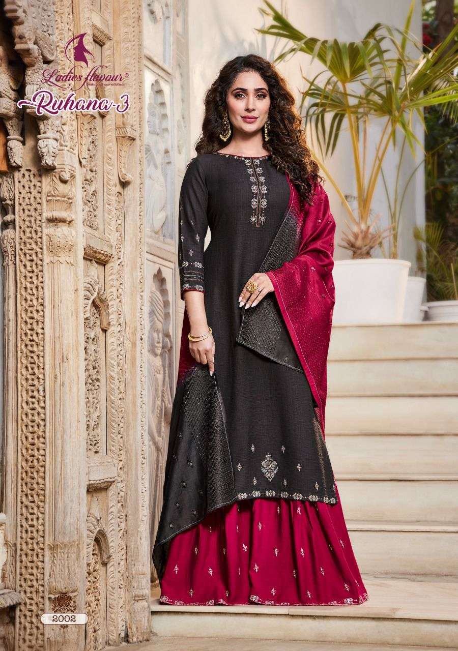 Ladies Flavour Ruhana Vol 3 Catalog Designer Wear Readymade Top Sharara With Dupatta