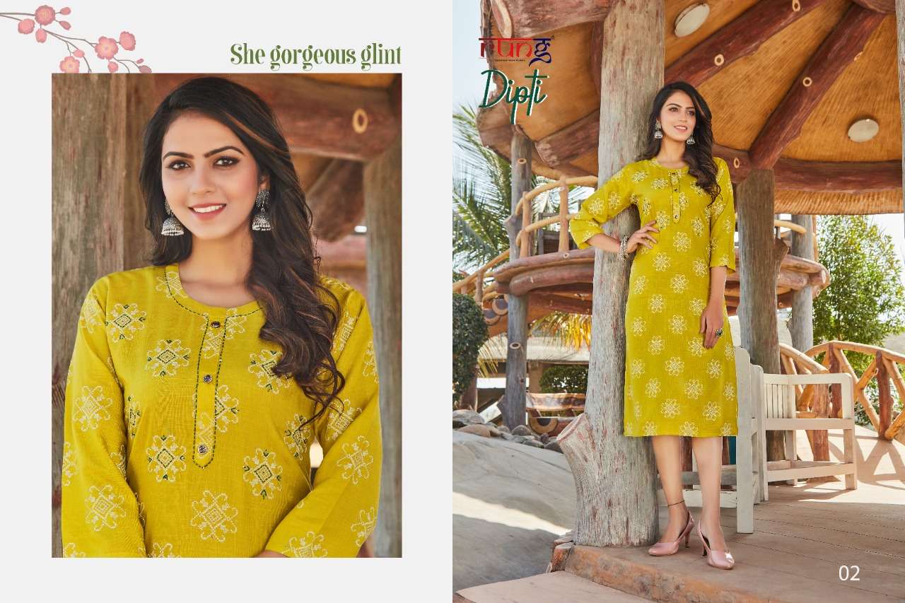 Rung Dipti Catalog Regular Wear Straight Printed Kurtis Wholesale