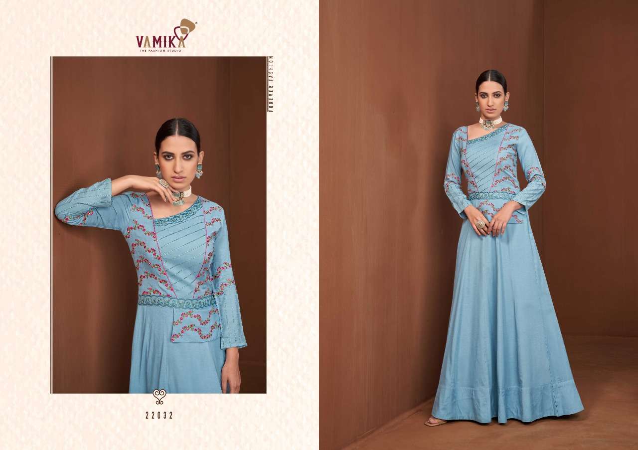 Vamika Amorina Vol 7 Catalog Fancy Wear Readymade Long Gowns 
