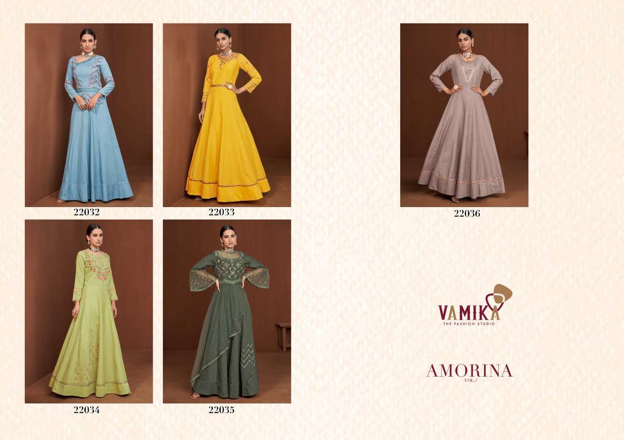 Vamika Amorina Vol 7 Catalog Fancy Wear Readymade Long Gowns 