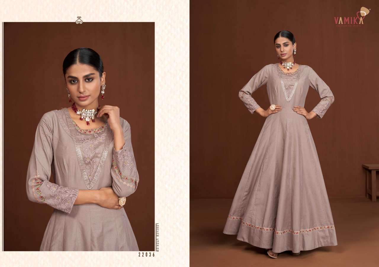 Vamika Amorina Vol 7 Catalog Fancy Wear Readymade Long Gowns 