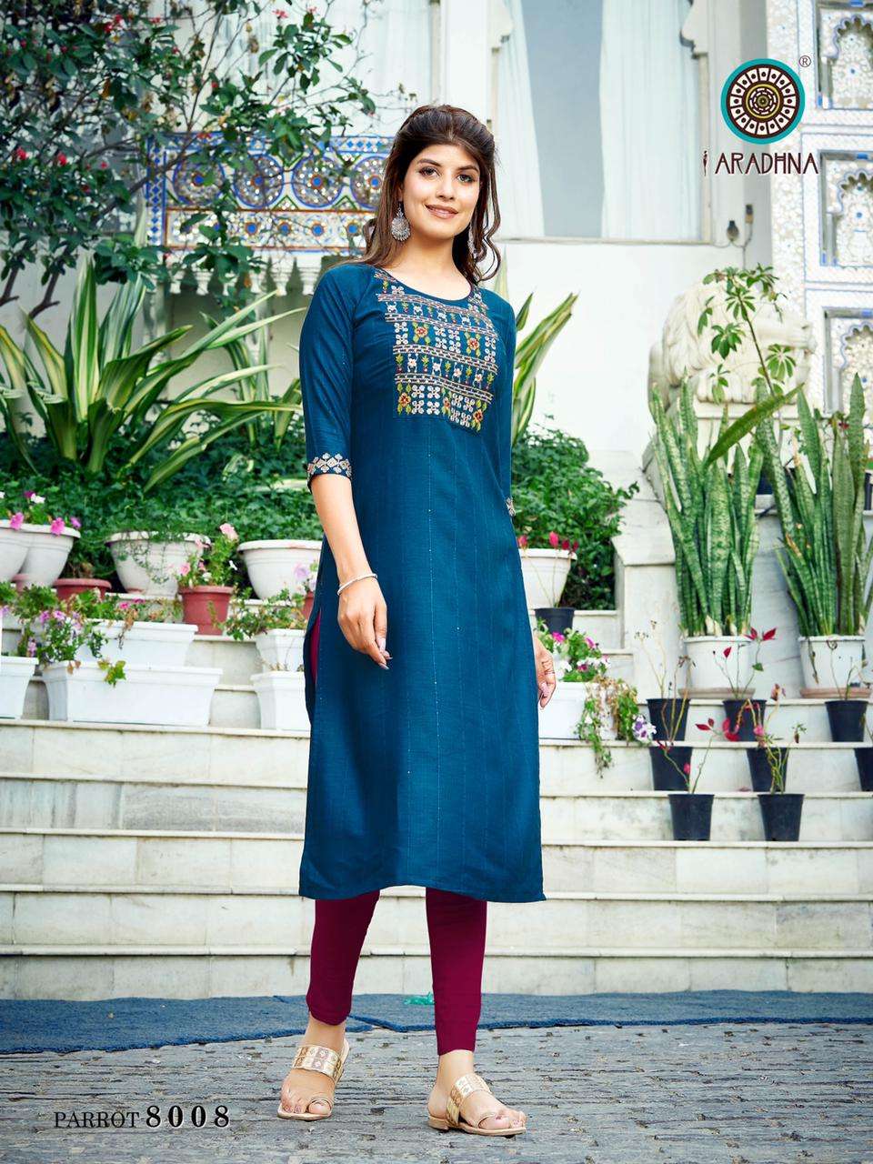 Aradhna Parrot Vol 8 Catalog Daily Wear Rayon Embroidery Kurtis