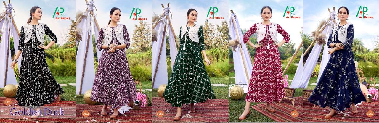 Art Riddhs Golden Duck Catalog Party Wear Rayon Printed Long Anarkali Kurtis