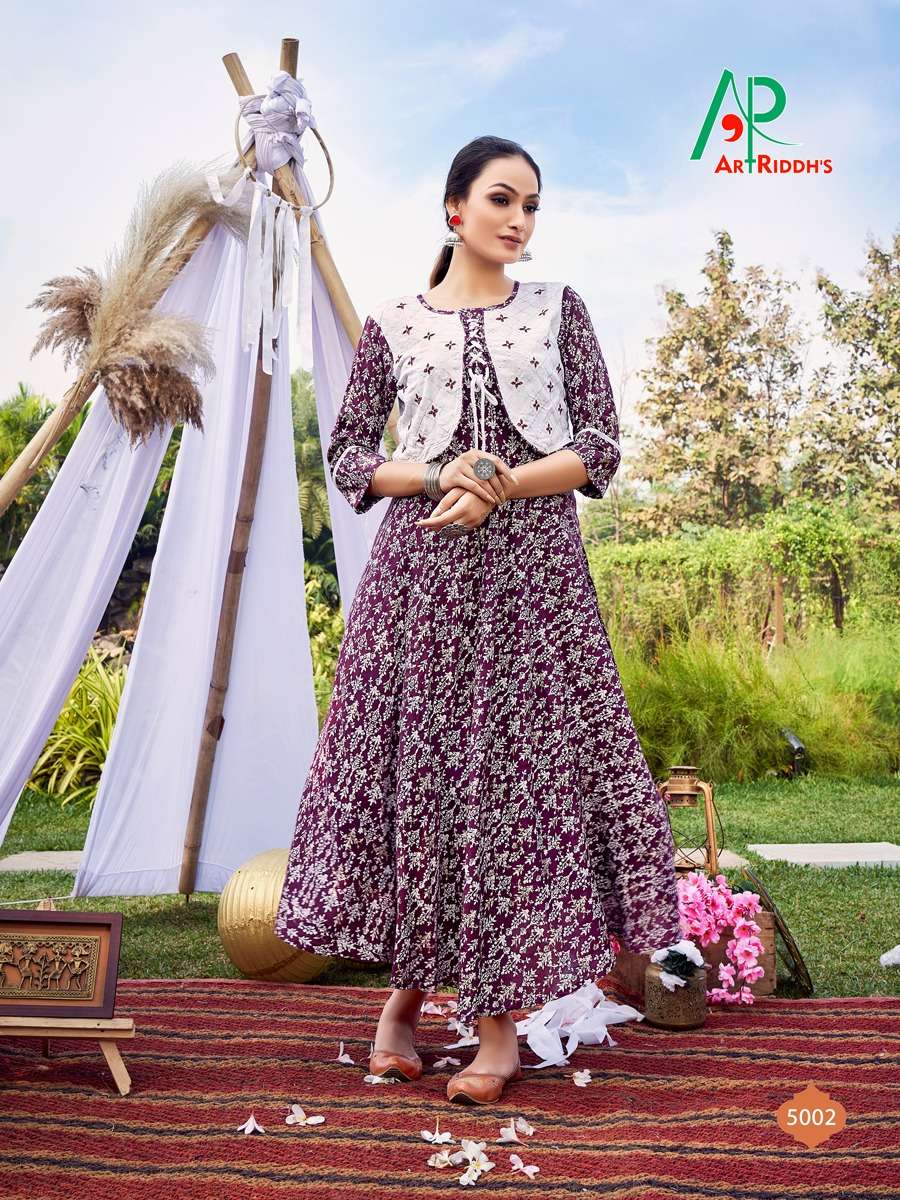 Art Riddhs Golden Duck Catalog Party Wear Rayon Printed Long Anarkali Kurtis