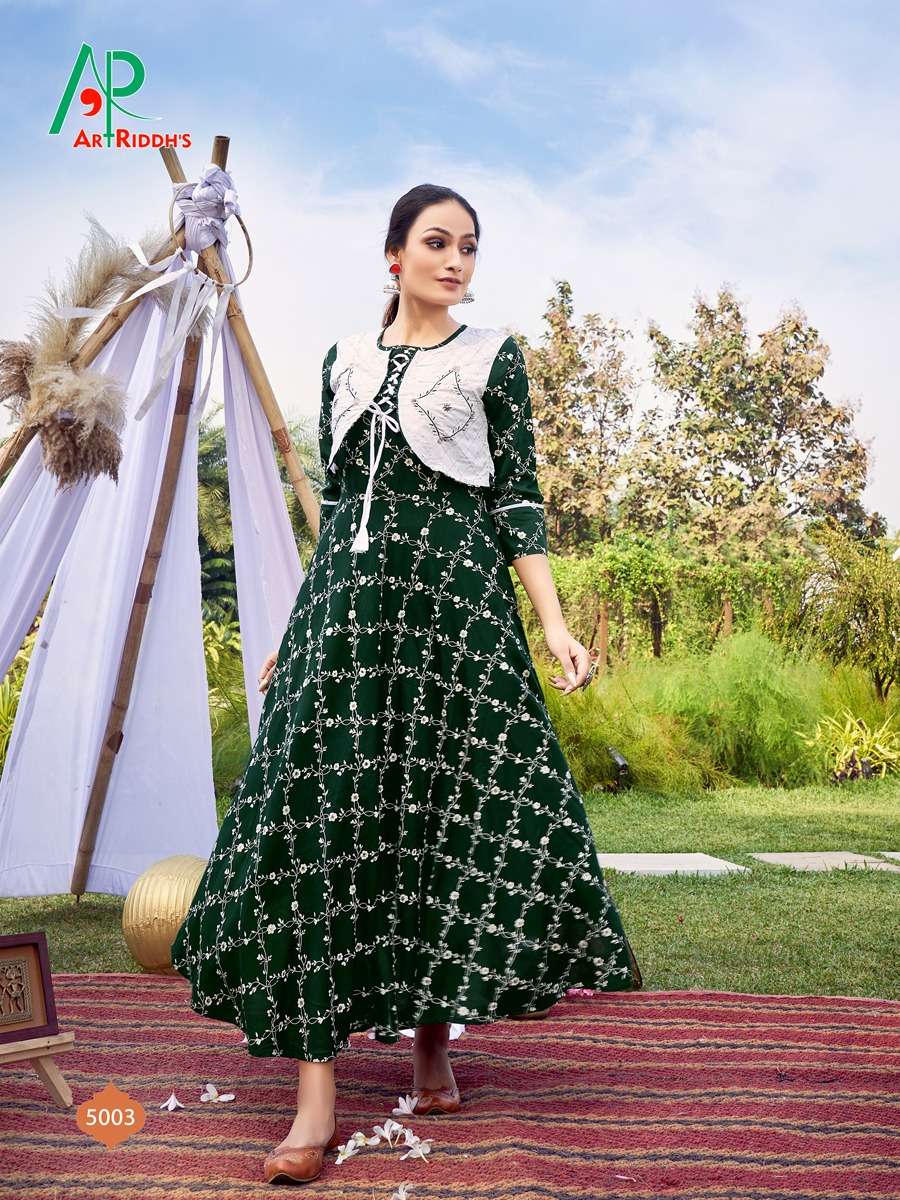 Art Riddhs Golden Duck Catalog Party Wear Rayon Printed Long Anarkali Kurtis