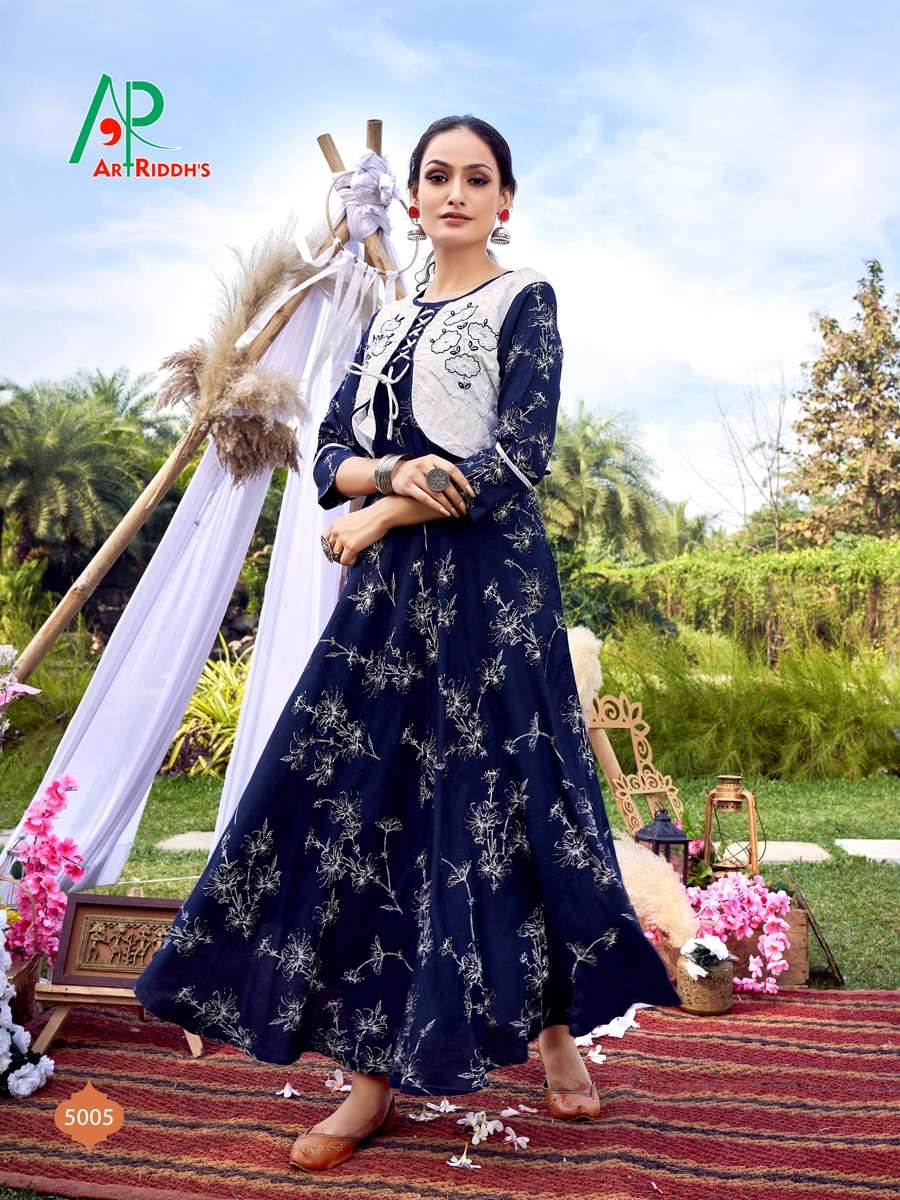 Art Riddhs Golden Duck Catalog Party Wear Rayon Printed Long Anarkali Kurtis