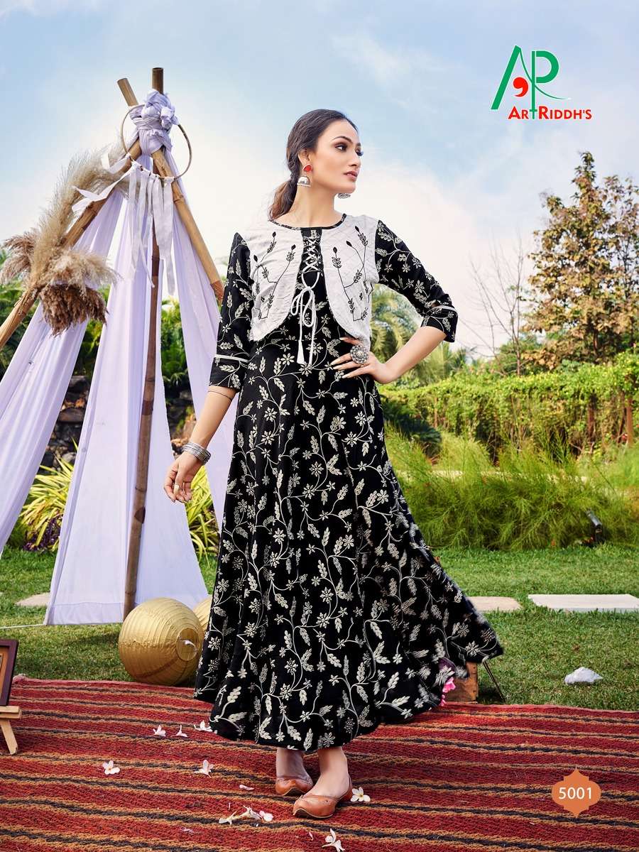 Art Riddhs Golden Duck Catalog Party Wear Rayon Printed Long Anarkali Kurtis
