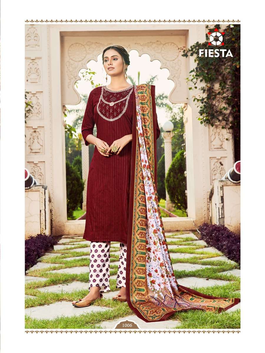 Fiesta Nargis Catalog Exclusive Wear Cotton Embroidery Top Bottom Dupatta 