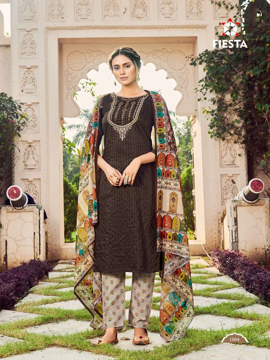 Fiesta Nargis Catalog Exclusive Wear Cotton Embroidery Top Bottom Dupatta 