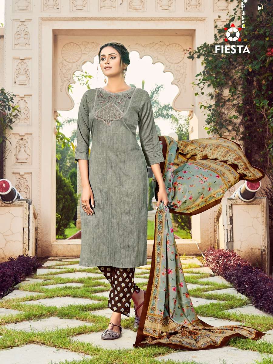 Fiesta Nargis Catalog Exclusive Wear Cotton Embroidery Top Bottom Dupatta 