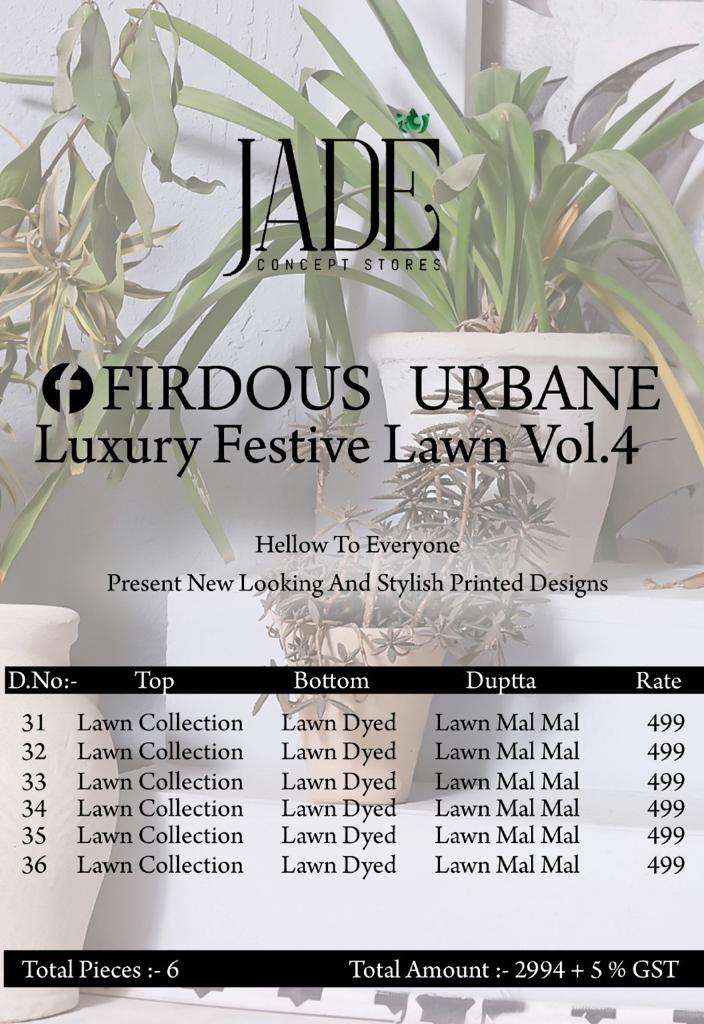 Jade Firdous Urbane Luxury Festive Lawn Vol 4 Catalog Exclusive Wear Lawn Cotton Dress Materials