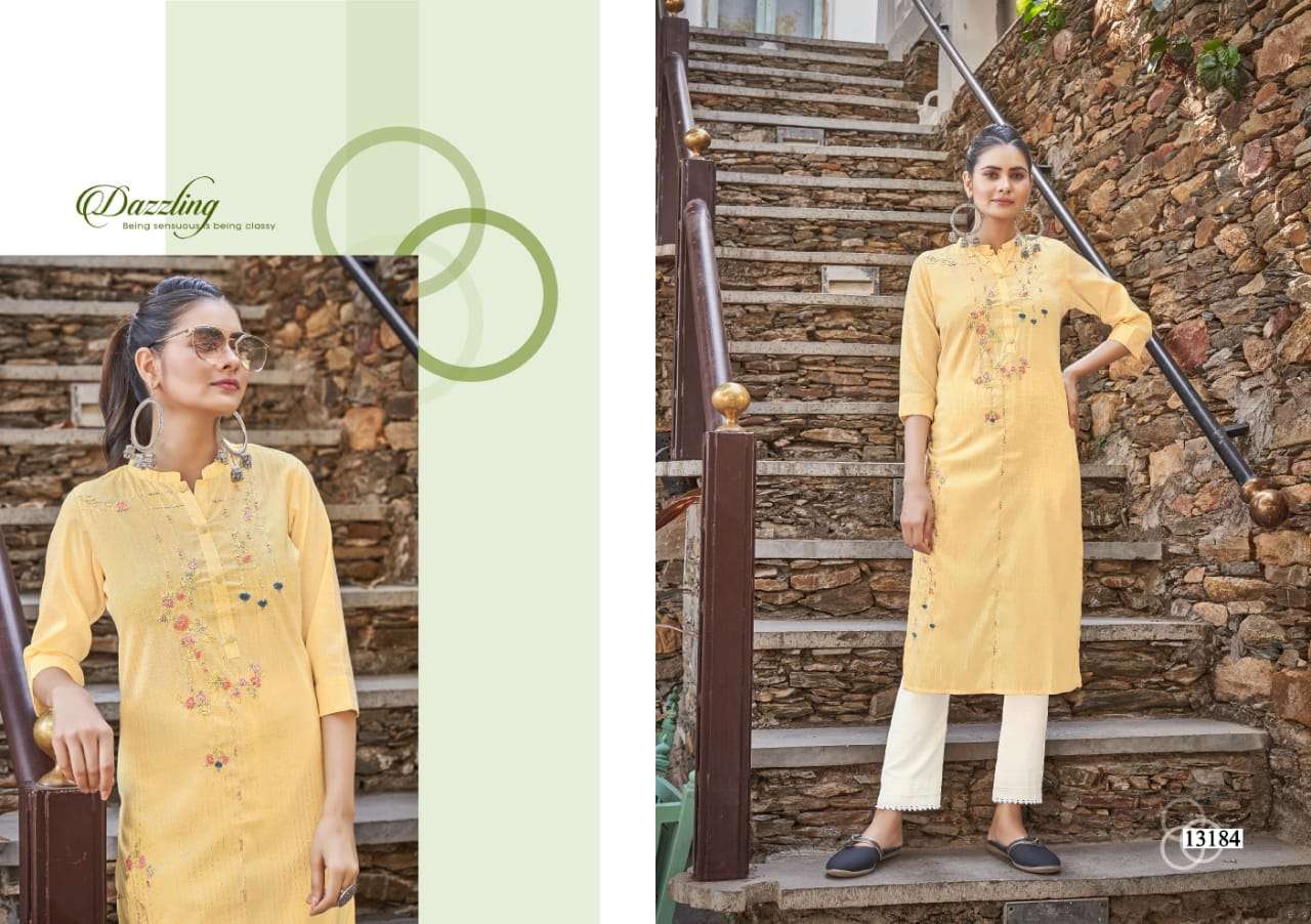 Kalaroop Crystal Catalog Fancy Wear Rayon Handwork Kurtis 