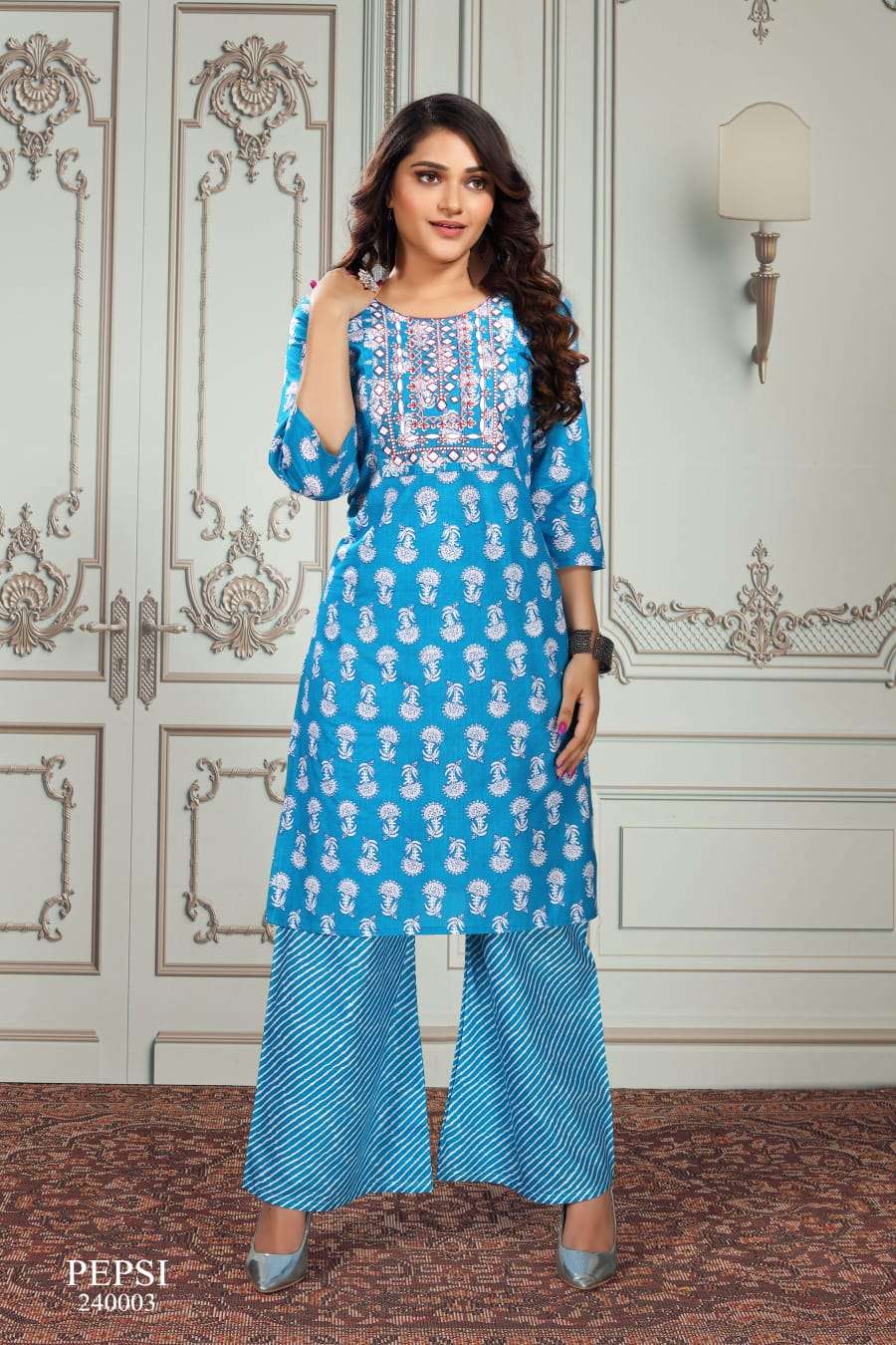 Blue Floral Printed Muslin Kurti Palazzo Set