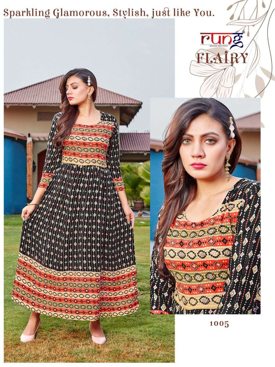Rung Flairy Catalog Party Wear Rayon Printed Long Anarkali Kurtis