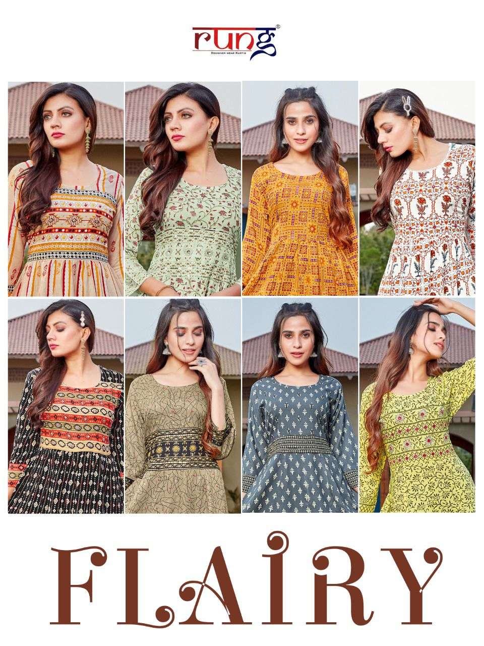 Rung Flairy Catalog Party Wear Rayon Printed Long Anarkali Kurtis