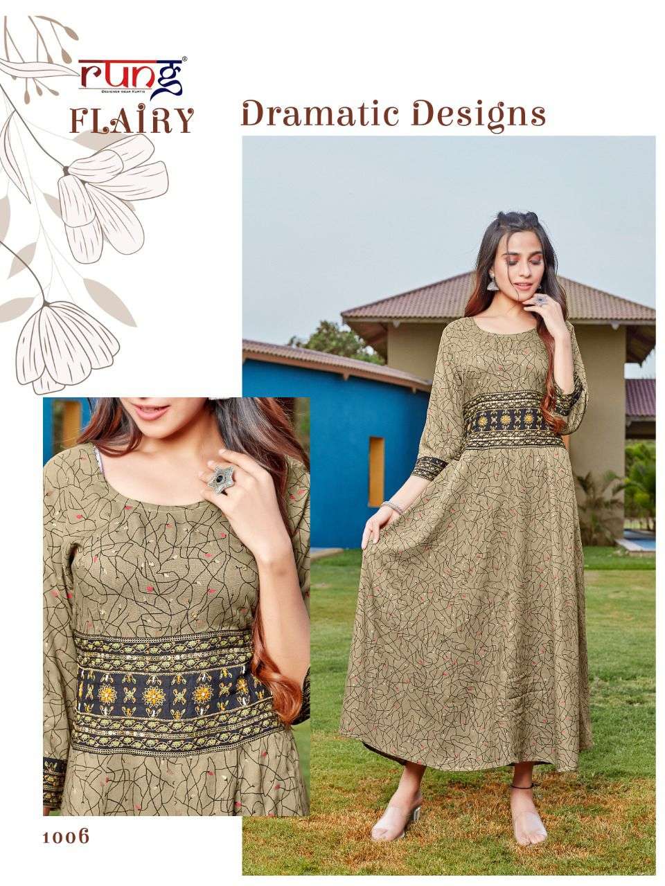 Rung Flairy Catalog Party Wear Rayon Printed Long Anarkali Kurtis