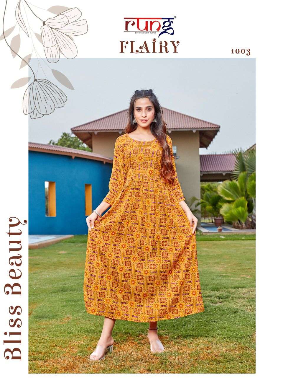 Rung Flairy Catalog Party Wear Rayon Printed Long Anarkali Kurtis