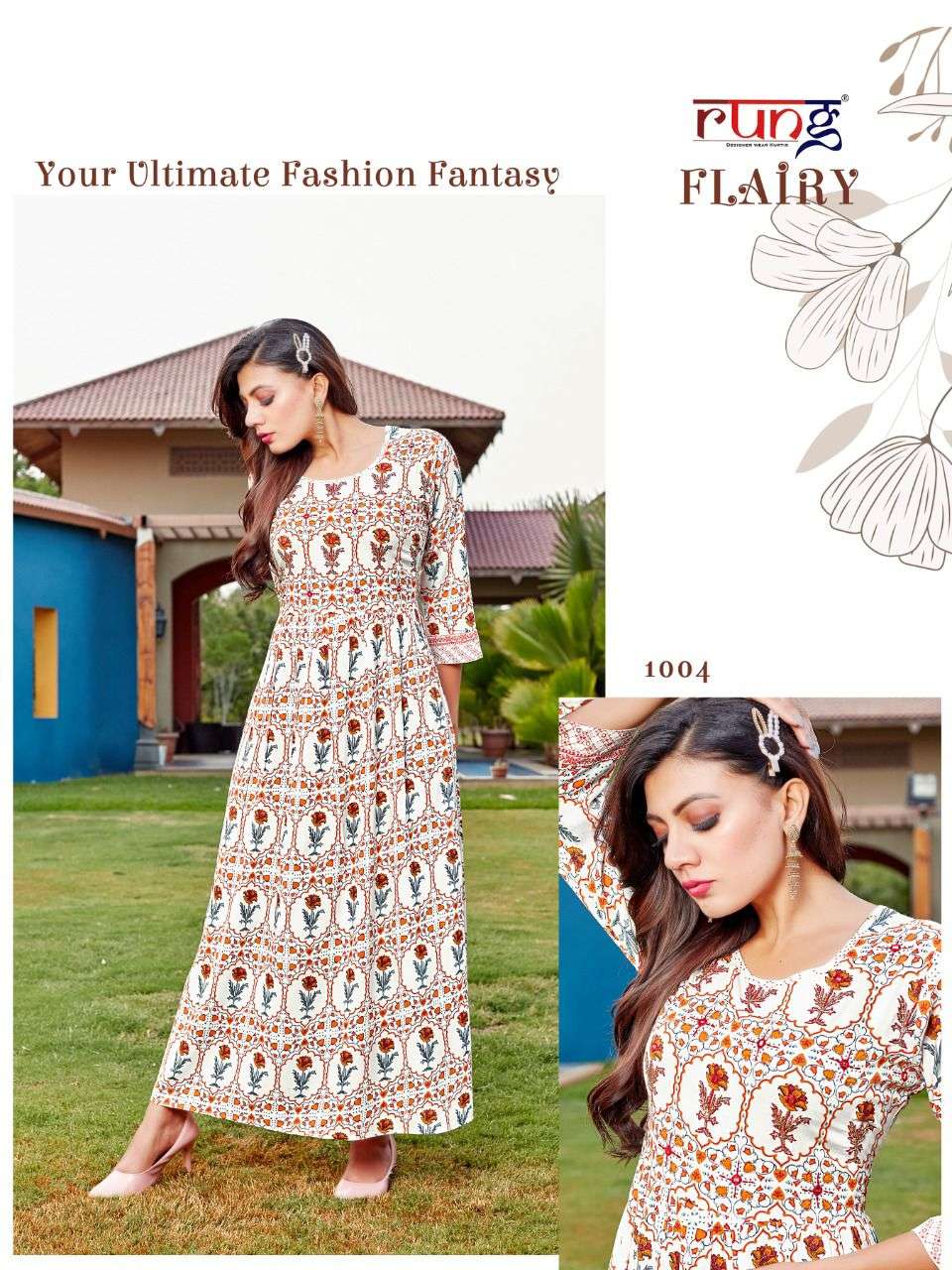Rung Flairy Catalog Party Wear Rayon Printed Long Anarkali Kurtis