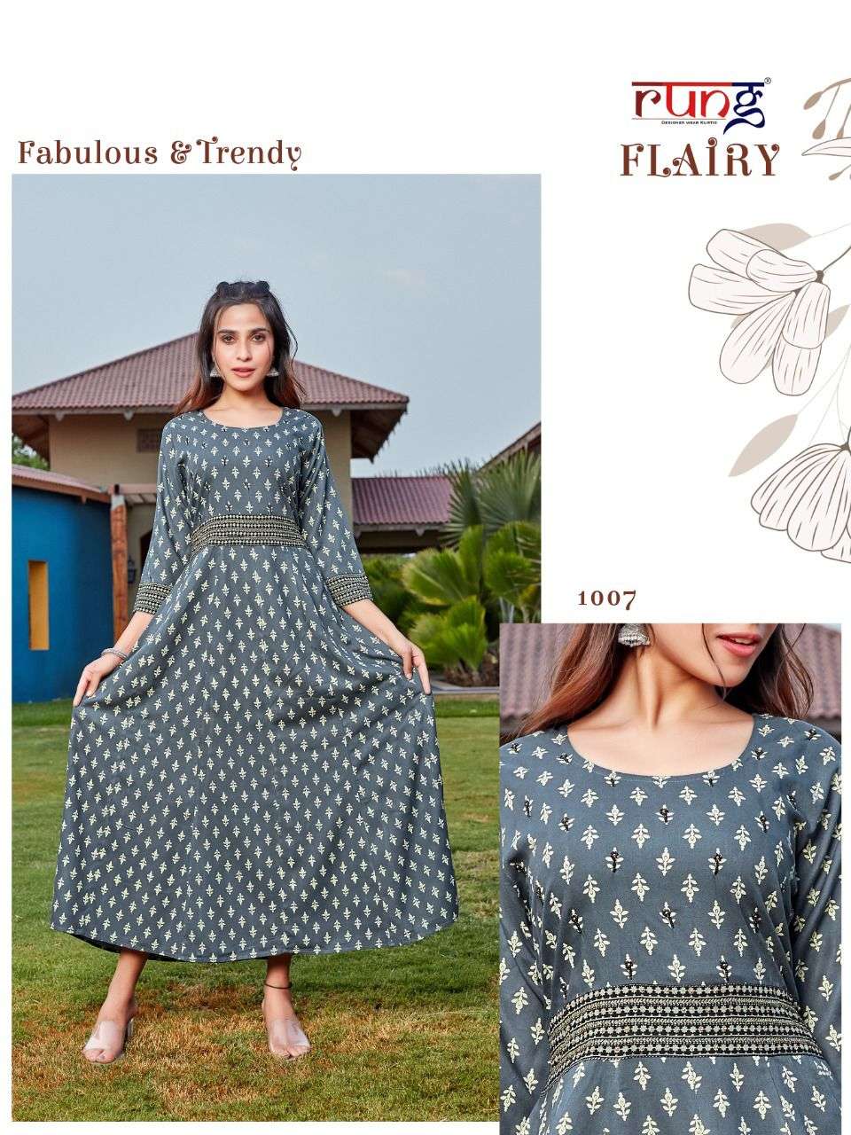 Rung Flairy Catalog Party Wear Rayon Printed Long Anarkali Kurtis