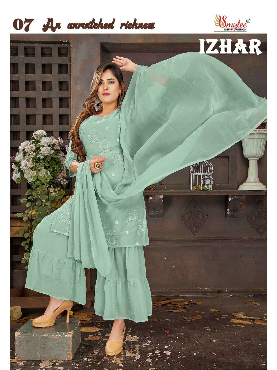 Smylee Izhar Catalog Ethnic Wear Chiffon Embroidery Readymade Top Bottom Dupatta 