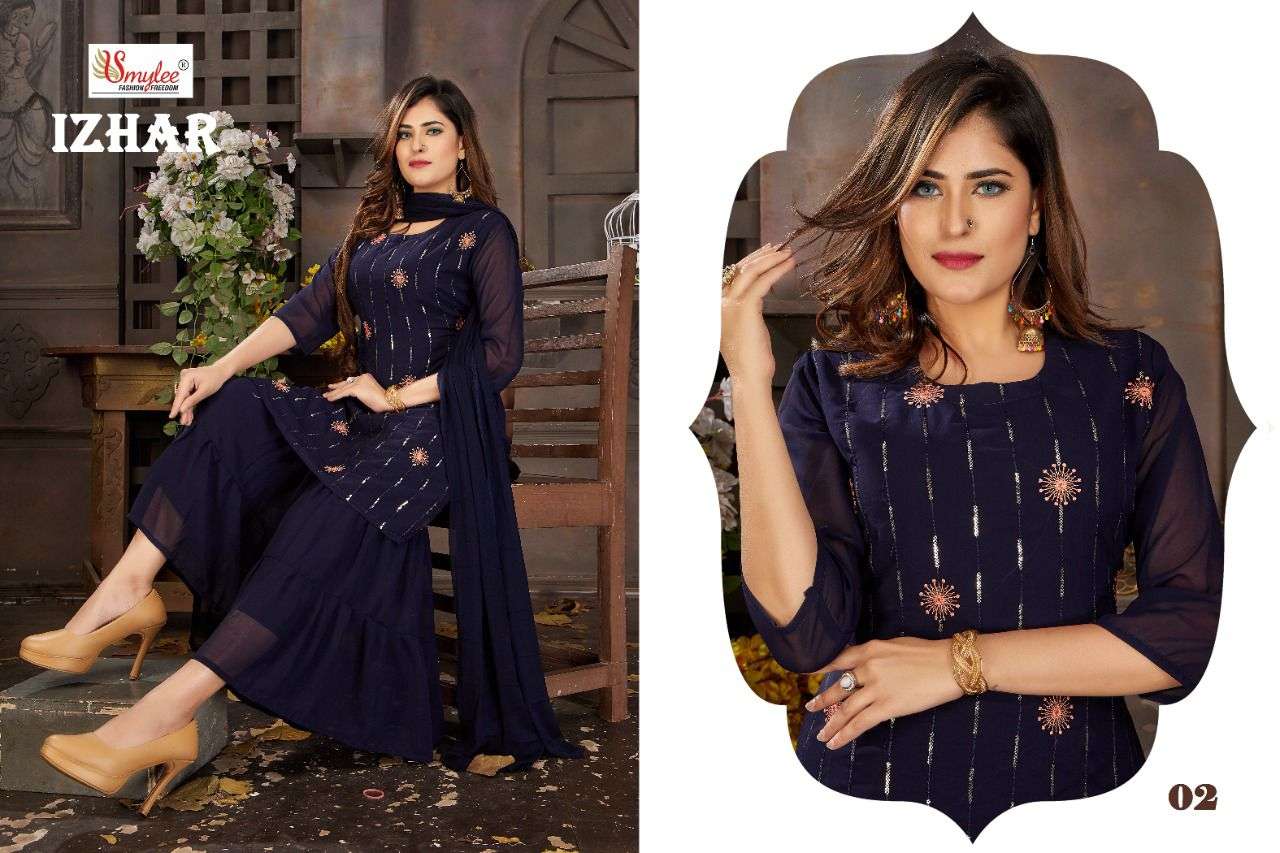 Smylee Izhar Catalog Ethnic Wear Chiffon Embroidery Readymade Top Bottom Dupatta 