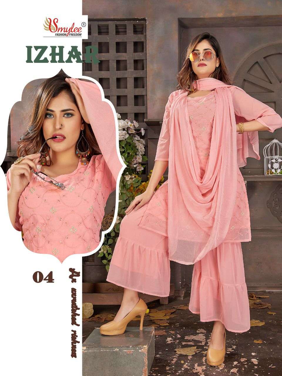Smylee Izhar Catalog Ethnic Wear Chiffon Embroidery Readymade Top Bottom Dupatta 