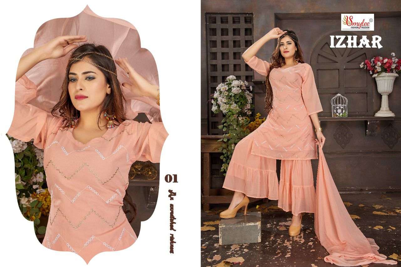 Smylee Izhar Catalog Ethnic Wear Chiffon Embroidery Readymade Top Bottom Dupatta 