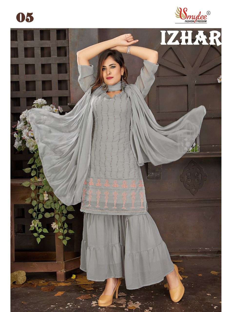 Smylee Izhar Catalog Ethnic Wear Chiffon Embroidery Readymade Top Bottom Dupatta 