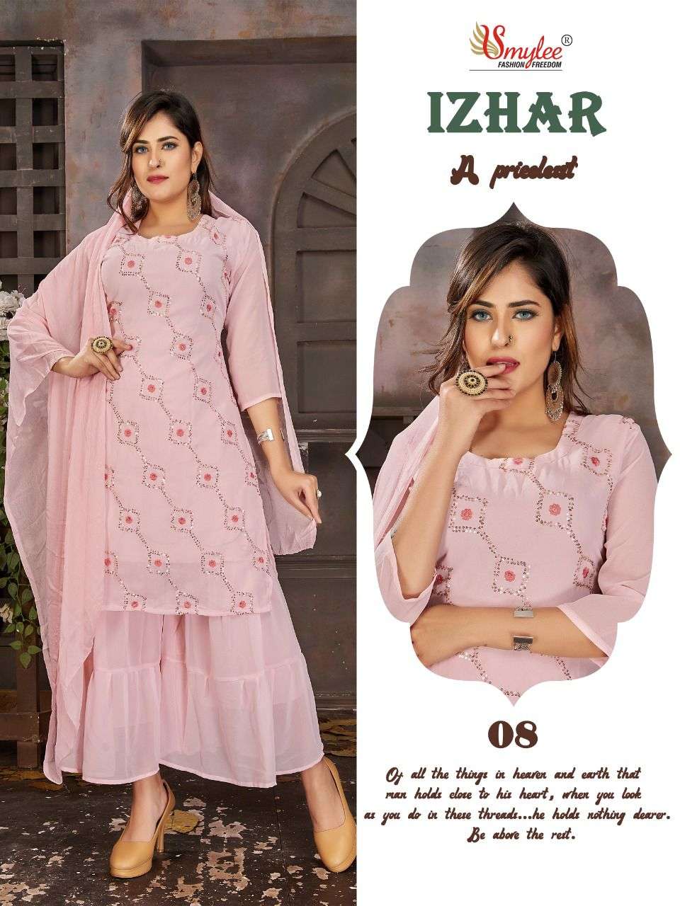 Smylee Izhar Catalog Ethnic Wear Chiffon Embroidery Readymade Top Bottom Dupatta 
