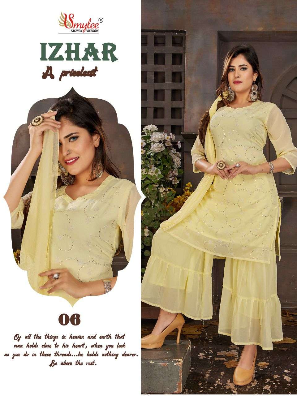 Smylee Izhar Catalog Ethnic Wear Chiffon Embroidery Readymade Top Bottom Dupatta 