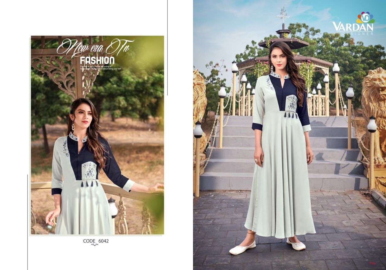 Vardan Ravia Vol 1 Catalog Party Wear Rayon Embroidery Long Gown Kurtis 