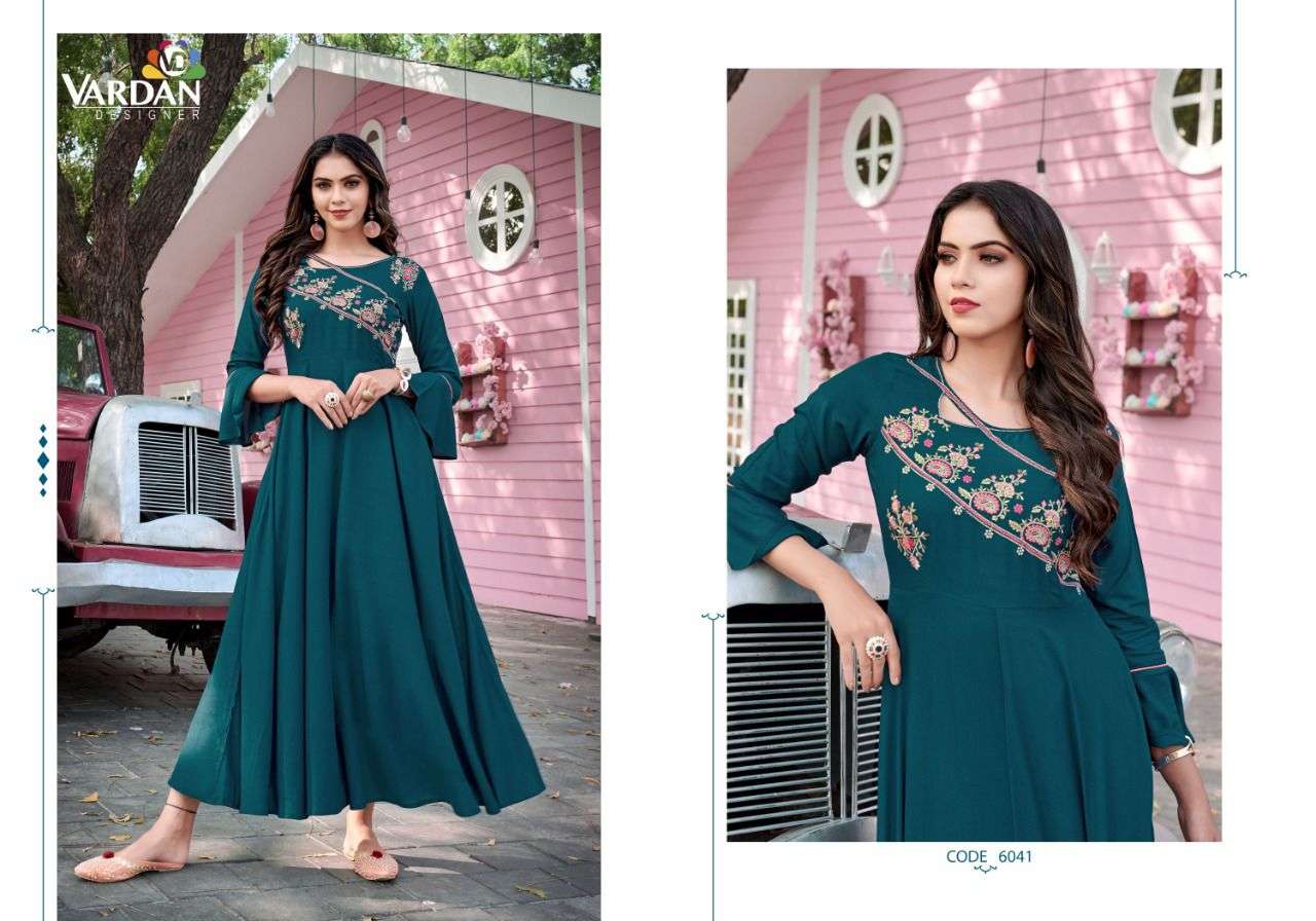 Vardan Ravia Vol 1 Catalog Party Wear Rayon Embroidery Long Gown Kurtis 