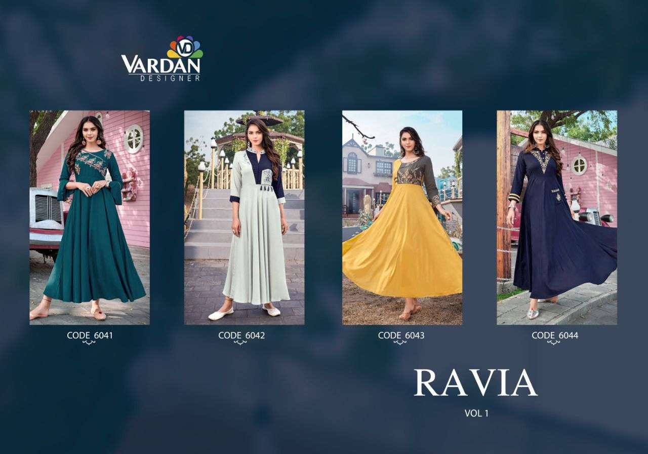 Vardan Ravia Vol 1 Catalog Party Wear Rayon Embroidery Long Gown Kurtis 