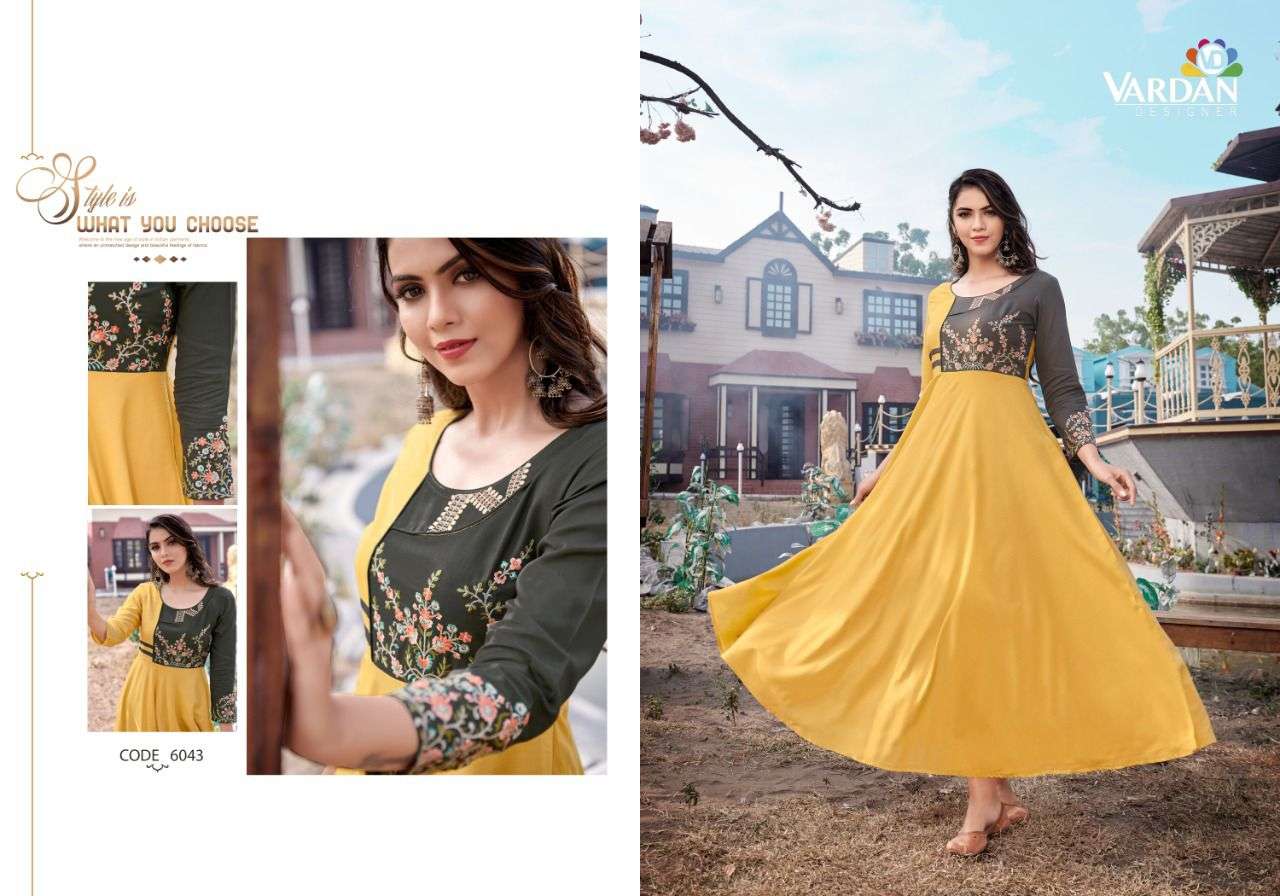 Vardan Ravia Vol 1 Catalog Party Wear Rayon Embroidery Long Gown Kurtis 