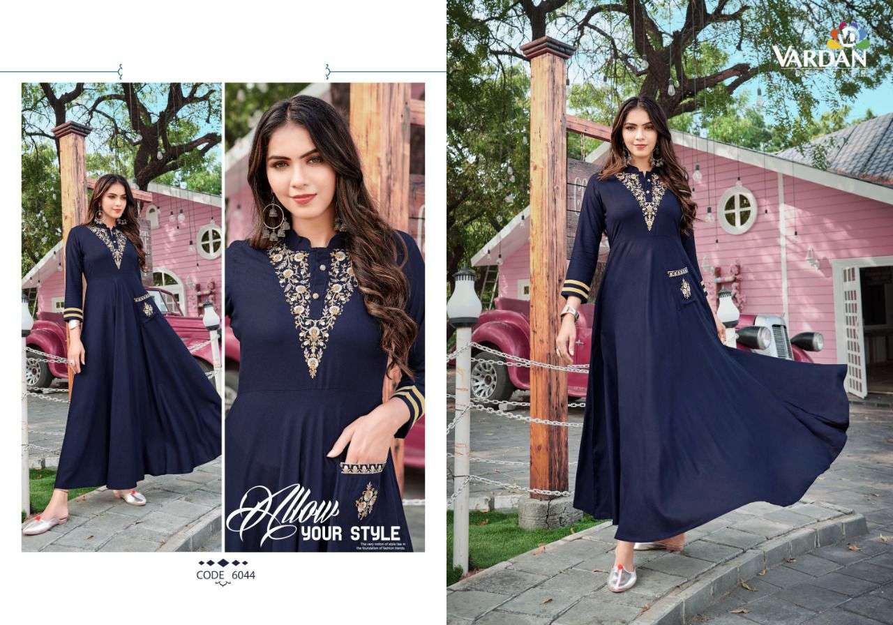 Vardan Ravia Vol 1 Catalog Party Wear Rayon Embroidery Long Gown Kurtis 