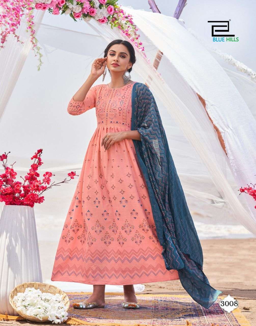 Blue Hills Walkway Dupatta Edition Vol 3 Catalog Festive Wear Cotton Long  Anarkali Kurti With Dupatta